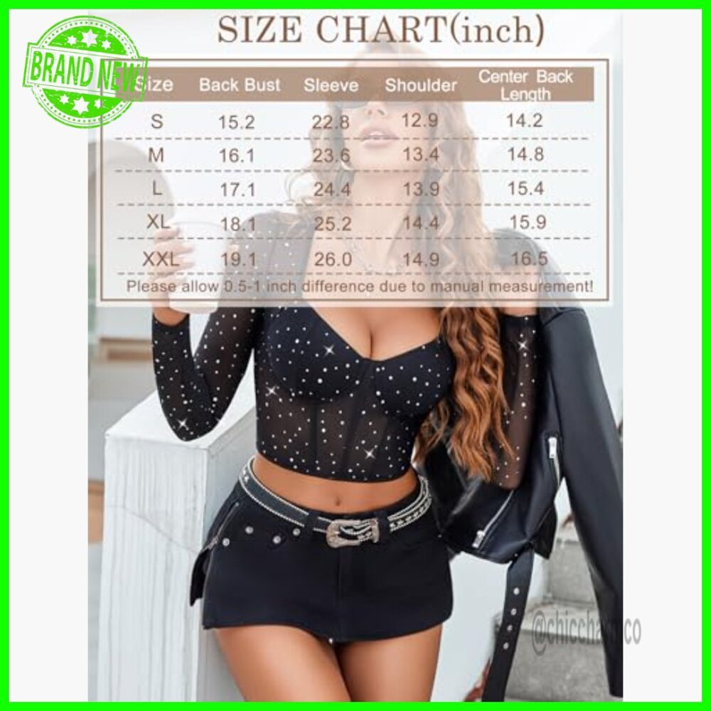 Long Sleeve Mesh Crop Top with Sparkle Square Neck Y2K Style - Picture 6 of 7